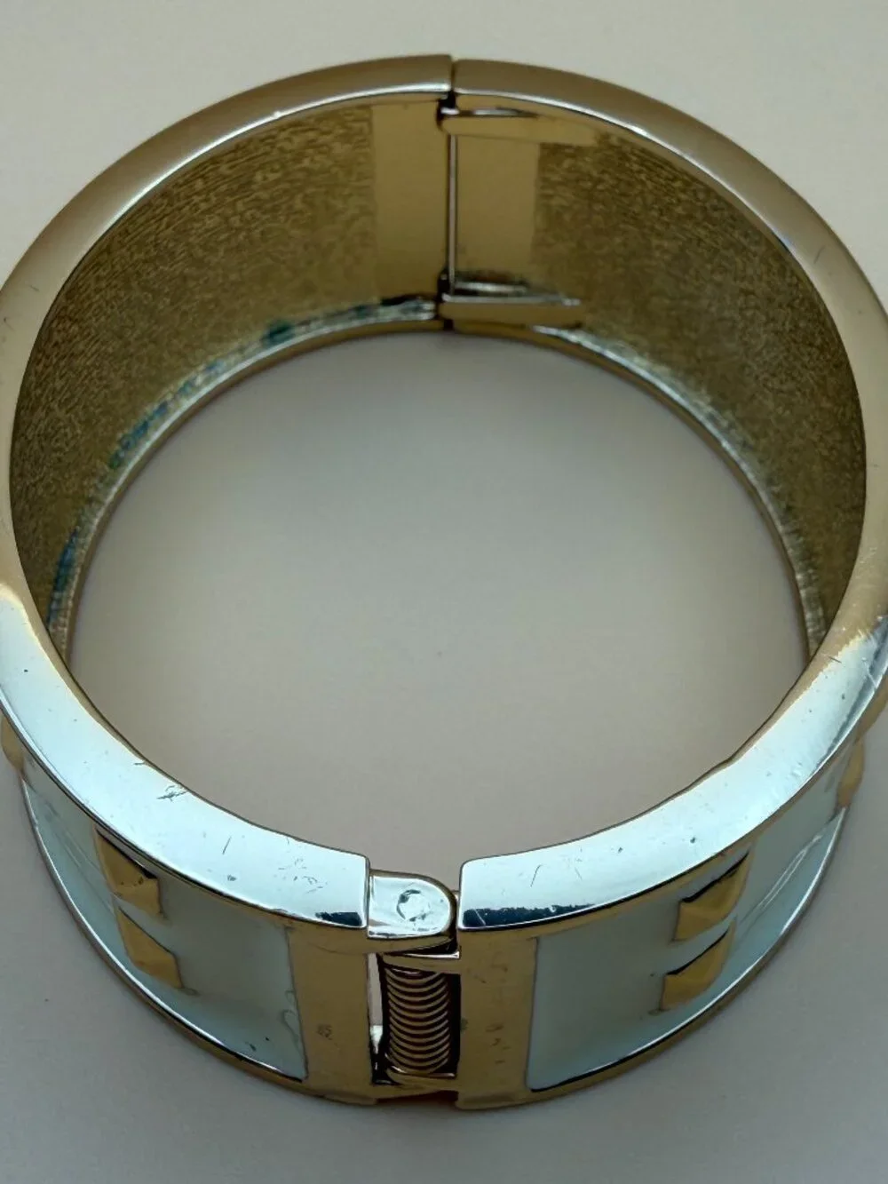 1980s Ivory Enamel/Gold Studded Hinged Clamper Bracelet